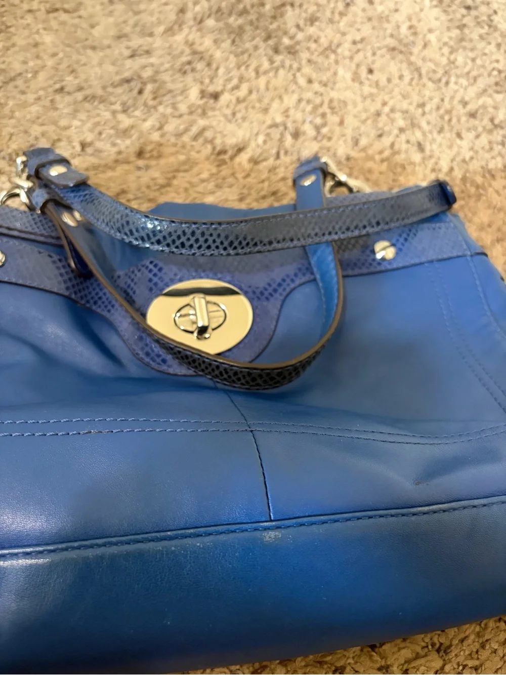 Coach Penelope Cobalt Blue Leather Tote Bag Snakeskin Trim EUC